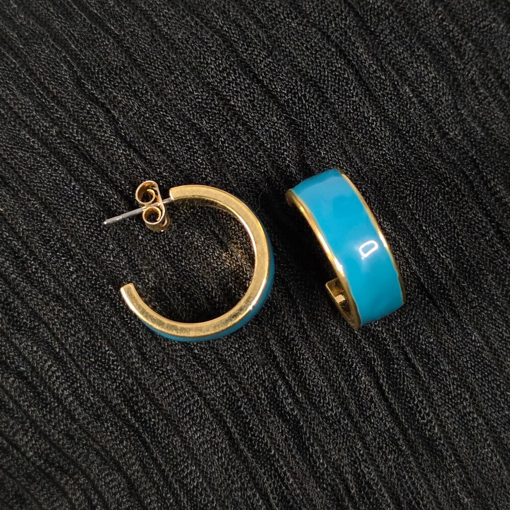 Vintage 90s Turquoise Blue Enamel Hoop Earrings Gold Tone Chunky Pierced
